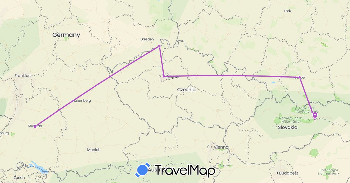 TravelMap itinerary: driving, train in Czech Republic, Germany, Poland, Slovakia (Europe)